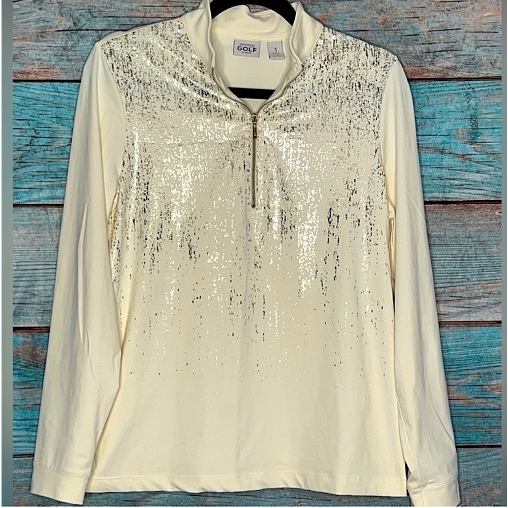 Zenergy Golf by‎ Chico’s Pullover Top M Size 1 Cream Metallic Sparkle Zip Front